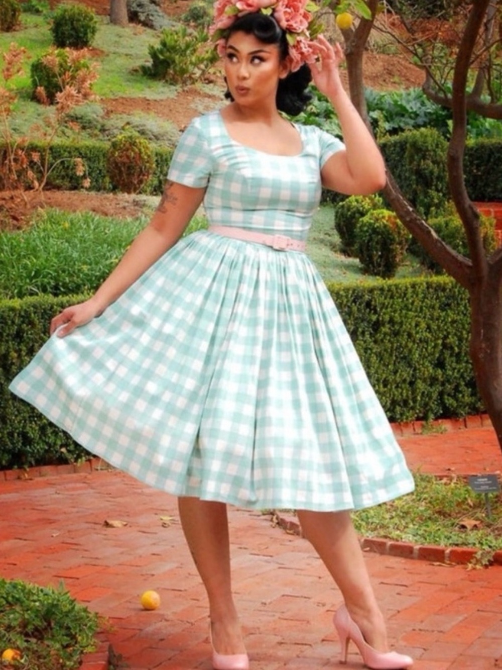 Pinup Couture Mint and White Gingham Fit-and-Flare Dress